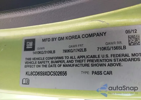 2013 Chevrolet Spark 1Lt Auto from USA, damaged, VIN KL8CD6S9XDC502656